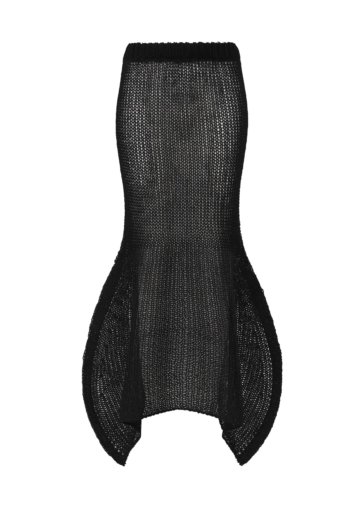 The ISSEY MIYAKE PANINI PULLED is a black, sleeveless wool-alpaca knit dress with a fitted bodice and flared, wave-hem panels, displayed on a white background. view 1 of 8