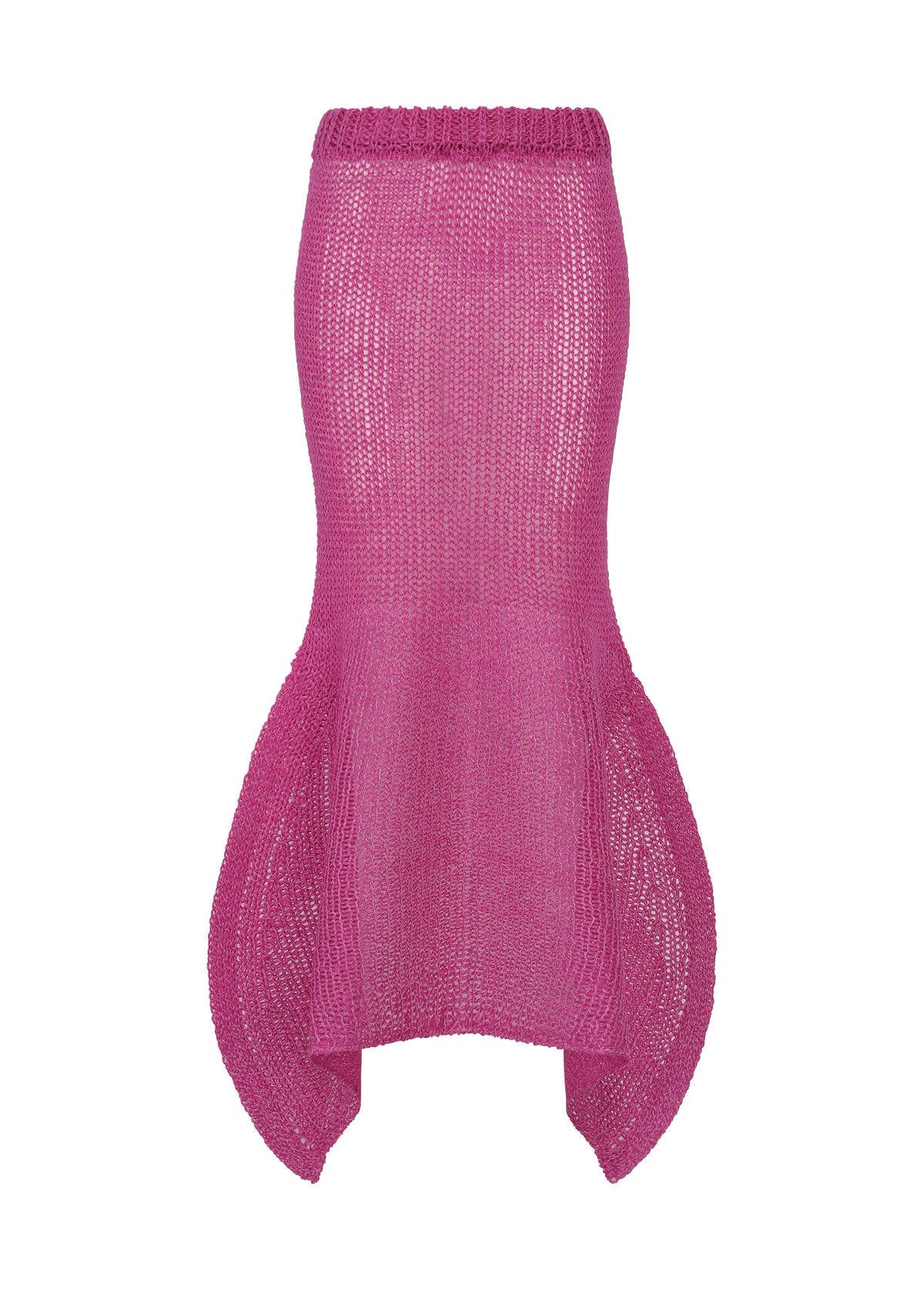 Zoomed view The PANINI PULLED by ISSEY MIYAKE is a pink knit skirt with a fitted waist, flared hem, and two rounded side panels in textured wool-alpaca blend. Slightly sheer for a sculptural silhouette. - PINK （no.22）