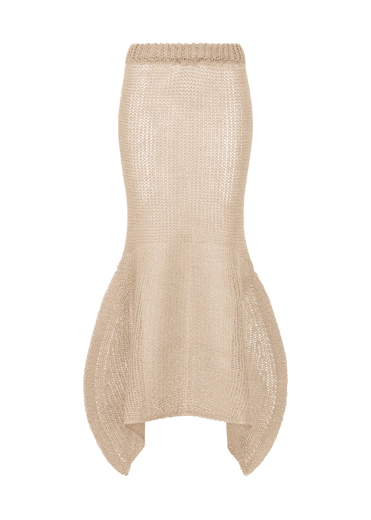 Zoomed view The PANINI PULLED skirt by ISSEY MIYAKE features beige wool-alpaca knit, a fitted waist, flared hem, and distinctive sculptural side panels. - LIGHT BEIGE （no.40）