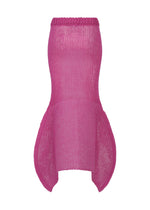 A sleeveless, bright pink PANINI PULLED dress by ISSEY MIYAKE with a fitted bodice and flared, sculptural hips in soft wool-alpaca, displayed on a white background.