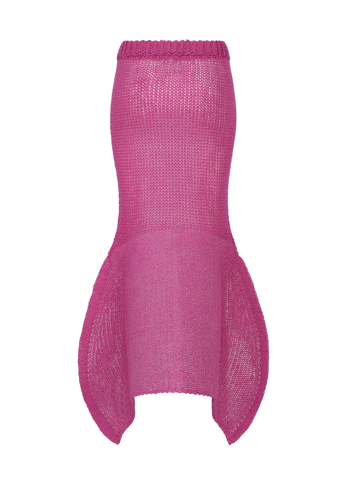 Zoomed view A sleeveless, bright pink PANINI PULLED dress by ISSEY MIYAKE with a fitted bodice and flared, sculptural hips in soft wool-alpaca, displayed on a white background.