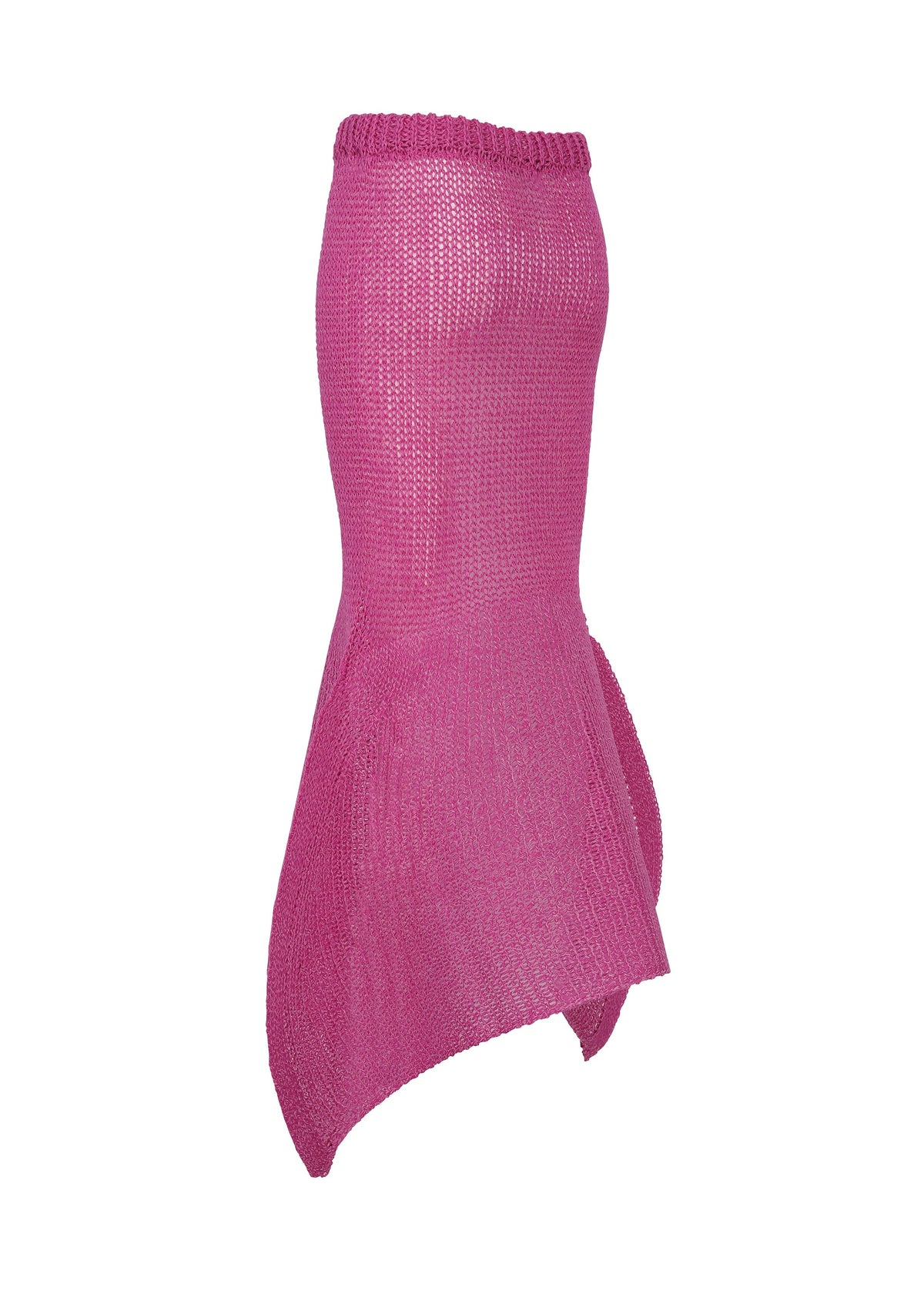 The ISSEY MIYAKE PANINI PULLED skirt in bright pink features a fitted waist, flared asymmetrical hem, chunky wool-alpaca texture, and a modern, sculptural silhouette. view 5 of 8