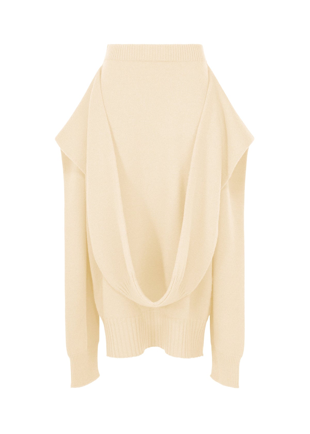O KNIT by ISSEY MIYAKE: a beige long-sleeve sweater with an open draped back, ribbed cuffs and hem, crafted from 100% wool, shown against a white background. view 1 of 9