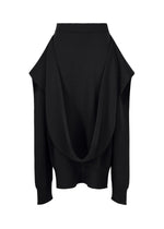 A black, long-sleeve ISSEY MIYAKE O KNIT sweater features a unique draped open-back design with ribbed cuffs and hem—perfect paired with a knit skirt for a modern, stylish look. - BLACK （no.15）
