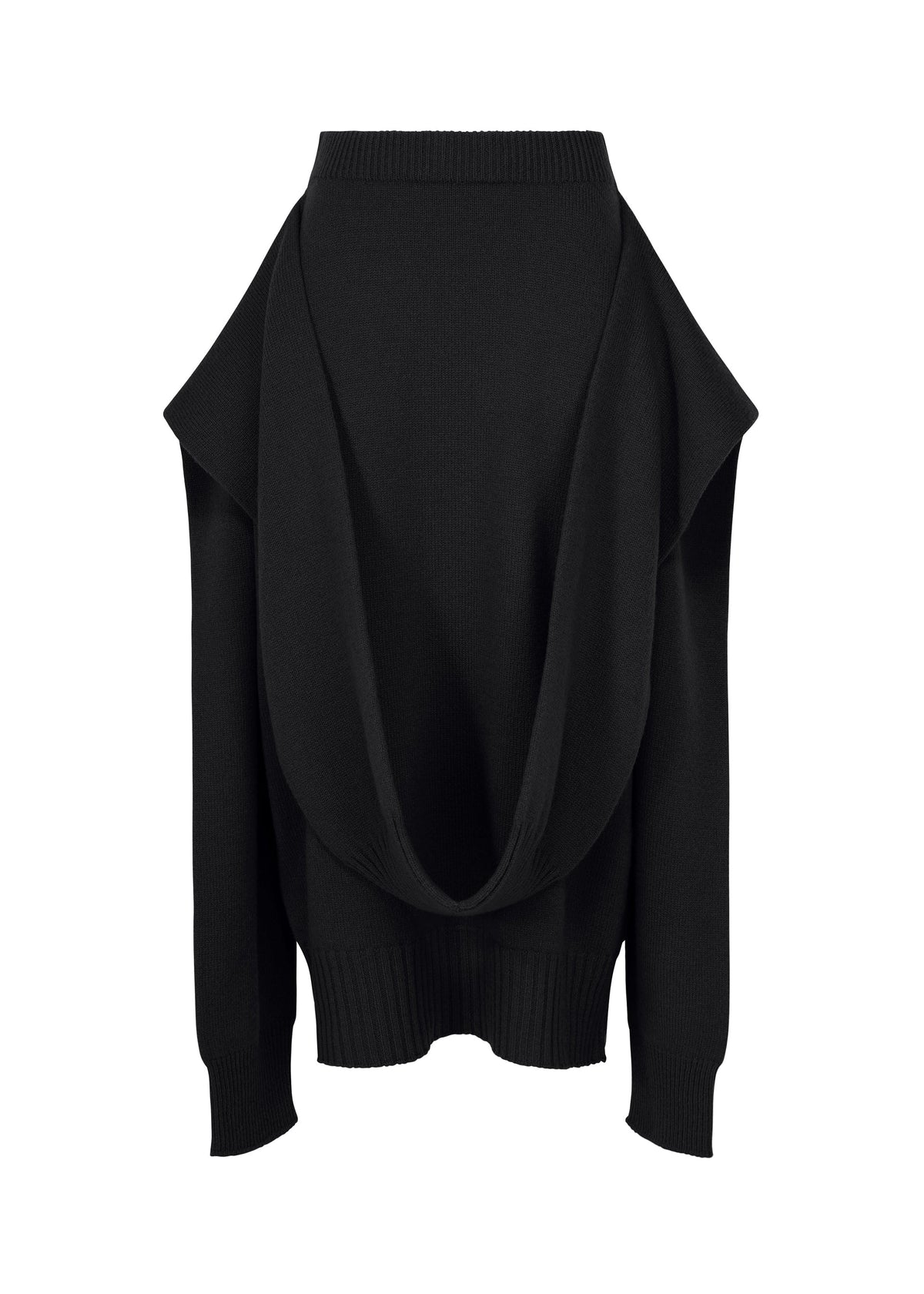Zoomed view A black, long-sleeve ISSEY MIYAKE O KNIT sweater features a unique draped open-back design with ribbed cuffs and hem—perfect paired with a knit skirt for a modern, stylish look. - BLACK （no.15）