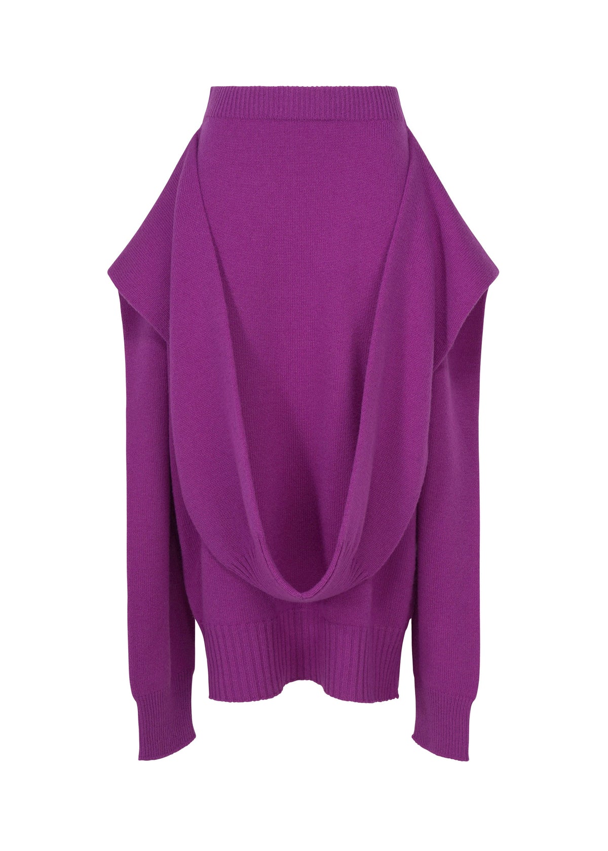 The O KNIT by ISSEY MIYAKE is a purple, long-sleeve sweater with an open draped back and ribbed cuffs and hem—perfect for pairing with a knit skirt for a chic, modern look. view 3 of 9