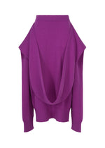 The O KNIT by ISSEY MIYAKE is a purple, long-sleeve sweater with an open draped back and ribbed cuffs and hem—perfect for pairing with a knit skirt for a chic, modern look. - PURPLE （no.81）