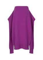 The O KNIT by ISSEY MIYAKE is a purple, long-sleeve sweater with an off-the-shoulder cut, wide draped sleeves, and ribbed cuffs—perfect with a knit skirt.