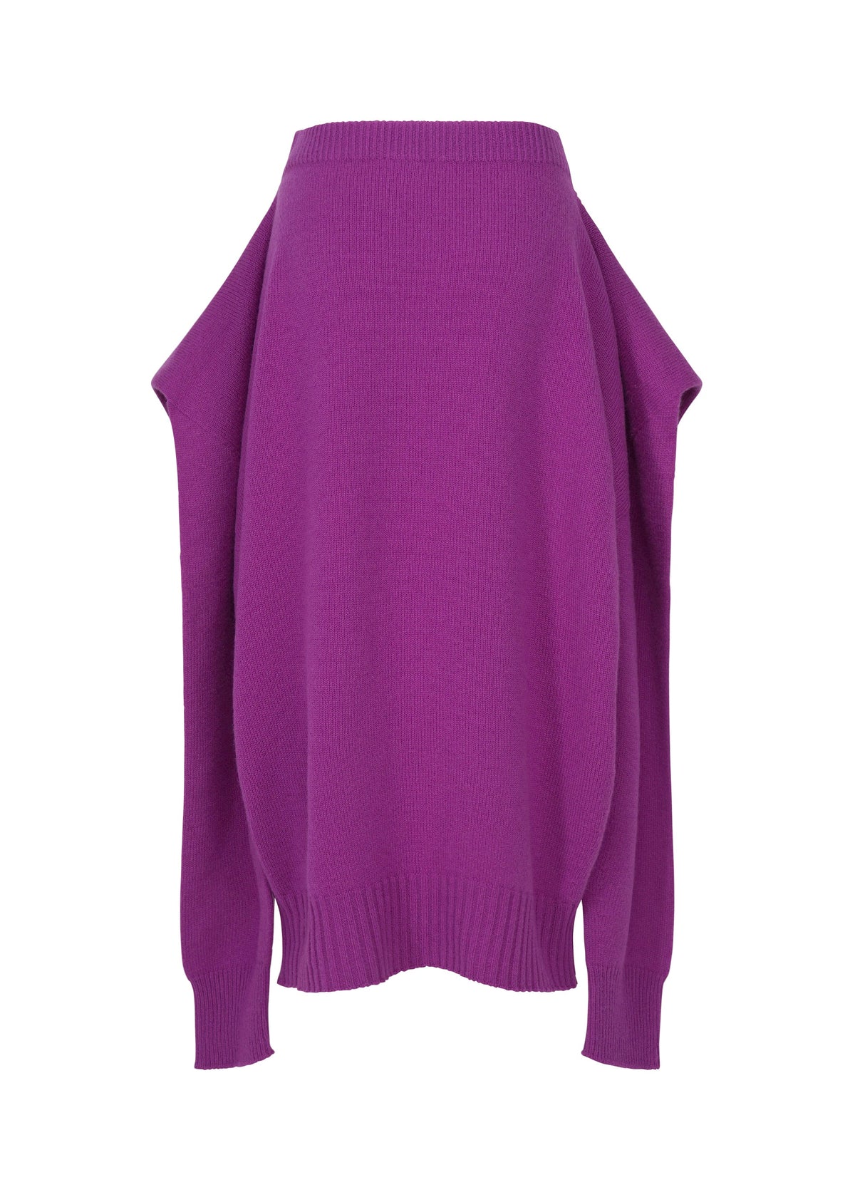 Zoomed view The O KNIT by ISSEY MIYAKE is a purple, long-sleeve sweater with an off-the-shoulder cut, wide draped sleeves, and ribbed cuffs—perfect with a knit skirt.