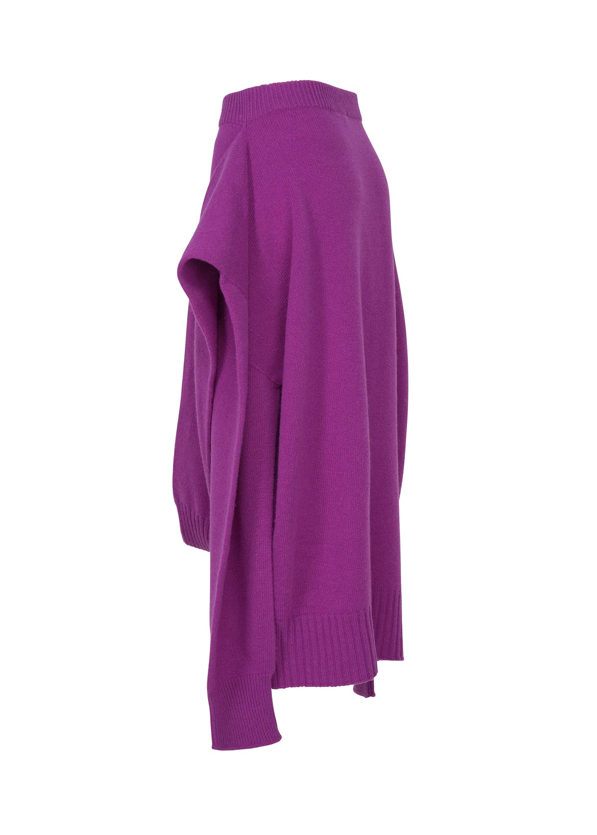 The O KNIT by ISSEY MIYAKE is a vibrant purple long-sleeve 100% wool sweater with ribbed cuffs, hem, and collar. Its oversized fit drapes loosely—perfect paired with a knit skirt. view 5 of 9