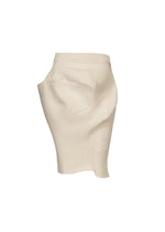 The FOUND STONE mini skirt by ISSEY MIYAKE features a beige, stone-inspired knit with ribbed texture, asymmetrical sculptural design, and a textured protruding hip detail, shown against a white background. - OFF-WHITE （no.02）