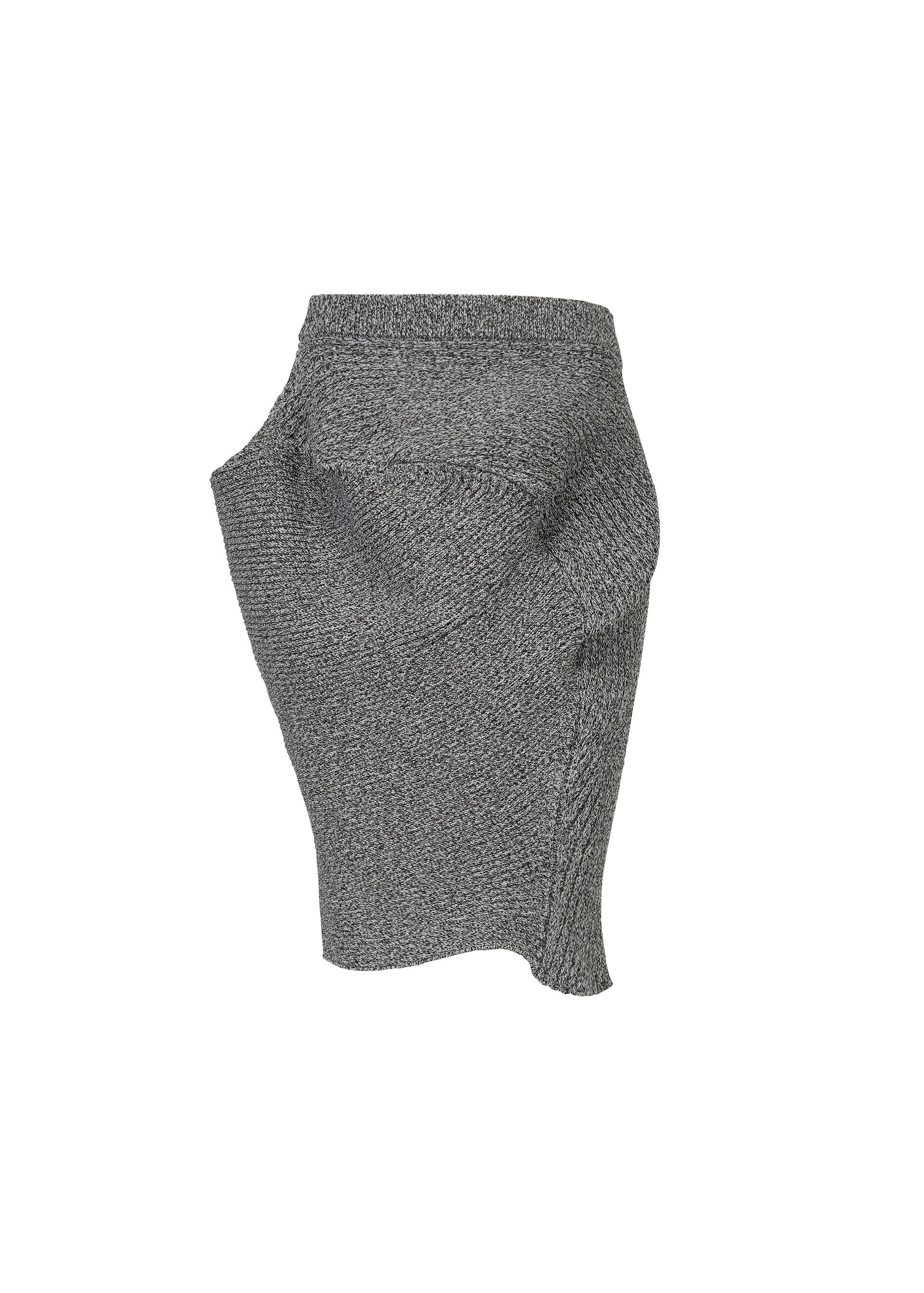 Zoomed view The FOUND STONE mini skirt by ISSEY MIYAKE features a textured gray, stone-inspired knit with an asymmetrical, sculptural design and irregular hemline, shown against a white background. - GRAY （no.12）