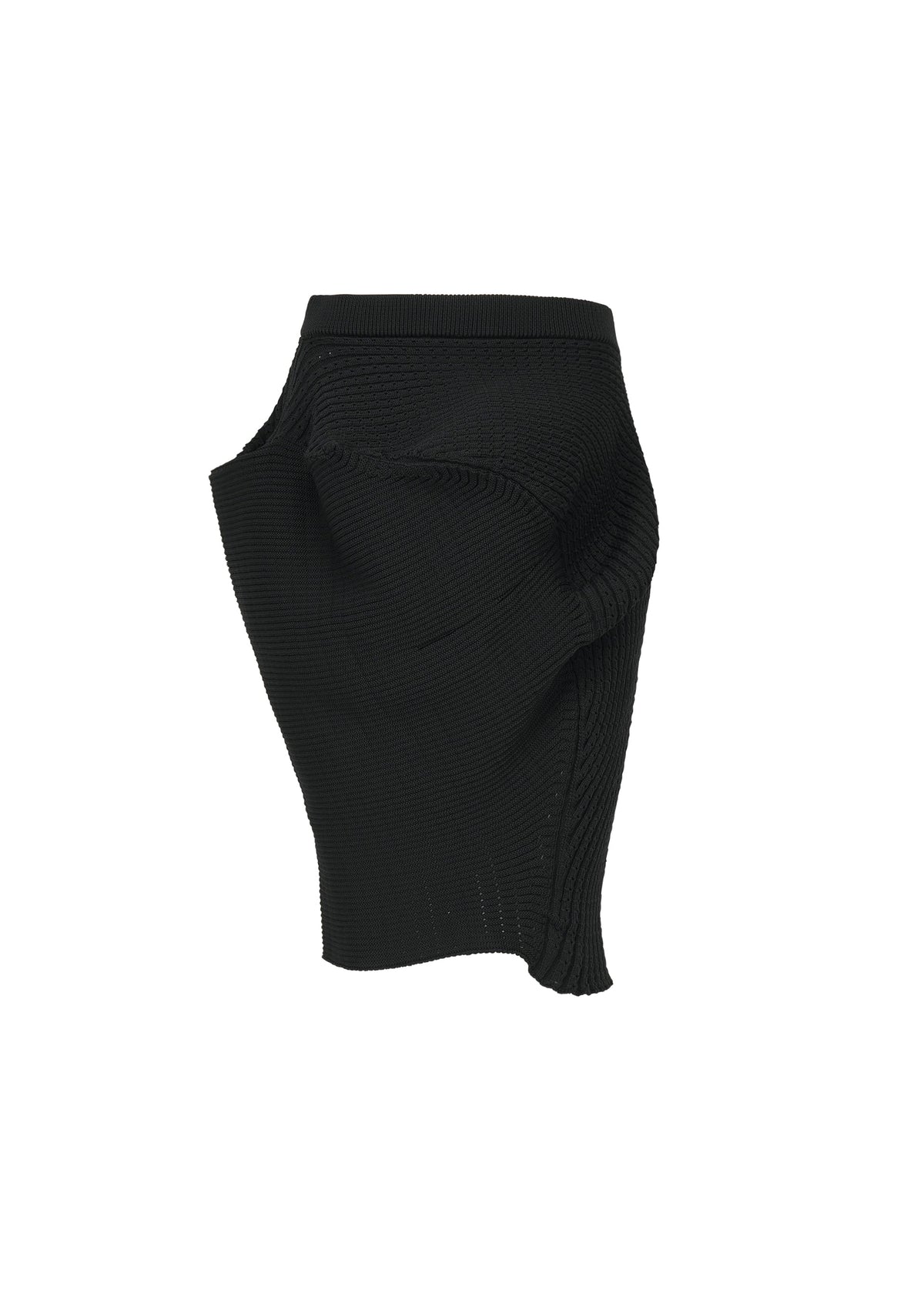 The FOUND STONE mini skirt by ISSEY MIYAKE features an asymmetrical black design with sculptural draping and textured ribbing in a stone-inspired knit, shown against a white background. view 3 of 8