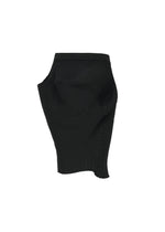 The FOUND STONE mini skirt by ISSEY MIYAKE features an asymmetrical black design with sculptural draping and textured ribbing in a stone-inspired knit, shown against a white background. - BLACK （no.15）