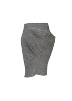 The FOUND STONE mini skirt by ISSEY MIYAKE features a gray, stone-inspired knit with an asymmetrical sculpted shape, prominent rounded hip detail, and subtle mesh pattern, shown on a plain white background.