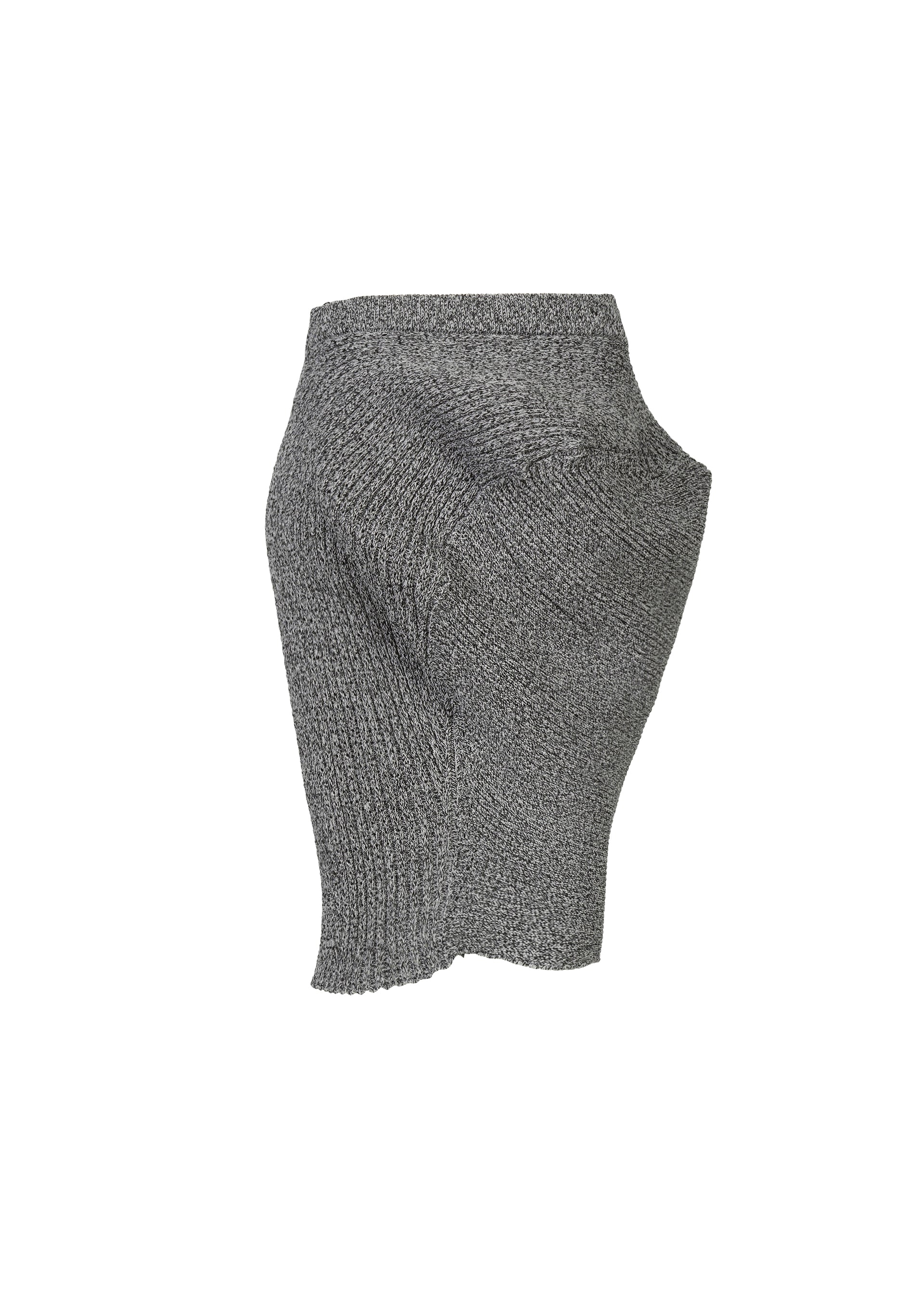 Zoomed view The FOUND STONE mini skirt by ISSEY MIYAKE features a gray, stone-inspired knit with an asymmetrical sculpted shape, prominent rounded hip detail, and subtle mesh pattern, shown on a plain white background.