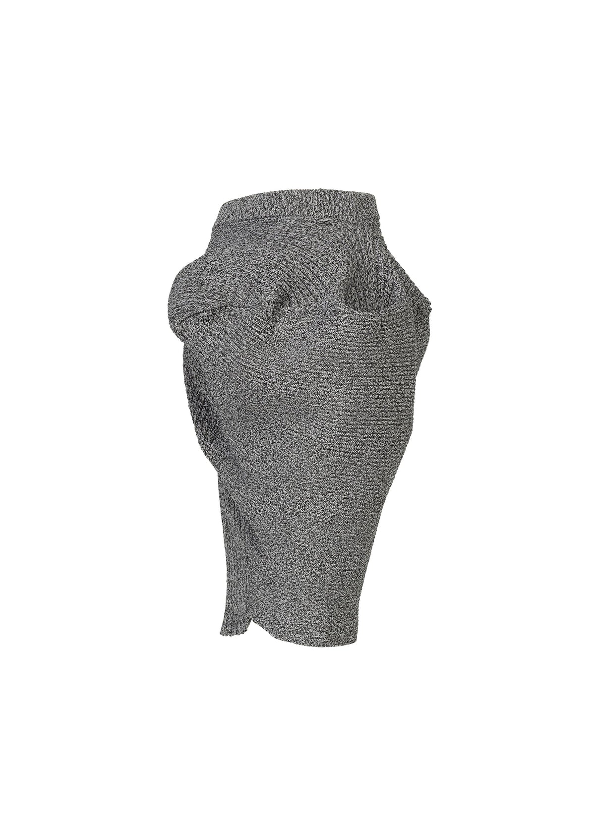 The FOUND STONE by ISSEY MIYAKE is a textured, gray asymmetrical mini skirt featuring stone-inspired knit and gathered draped detailing, shown on a plain white background. view 5 of 8
