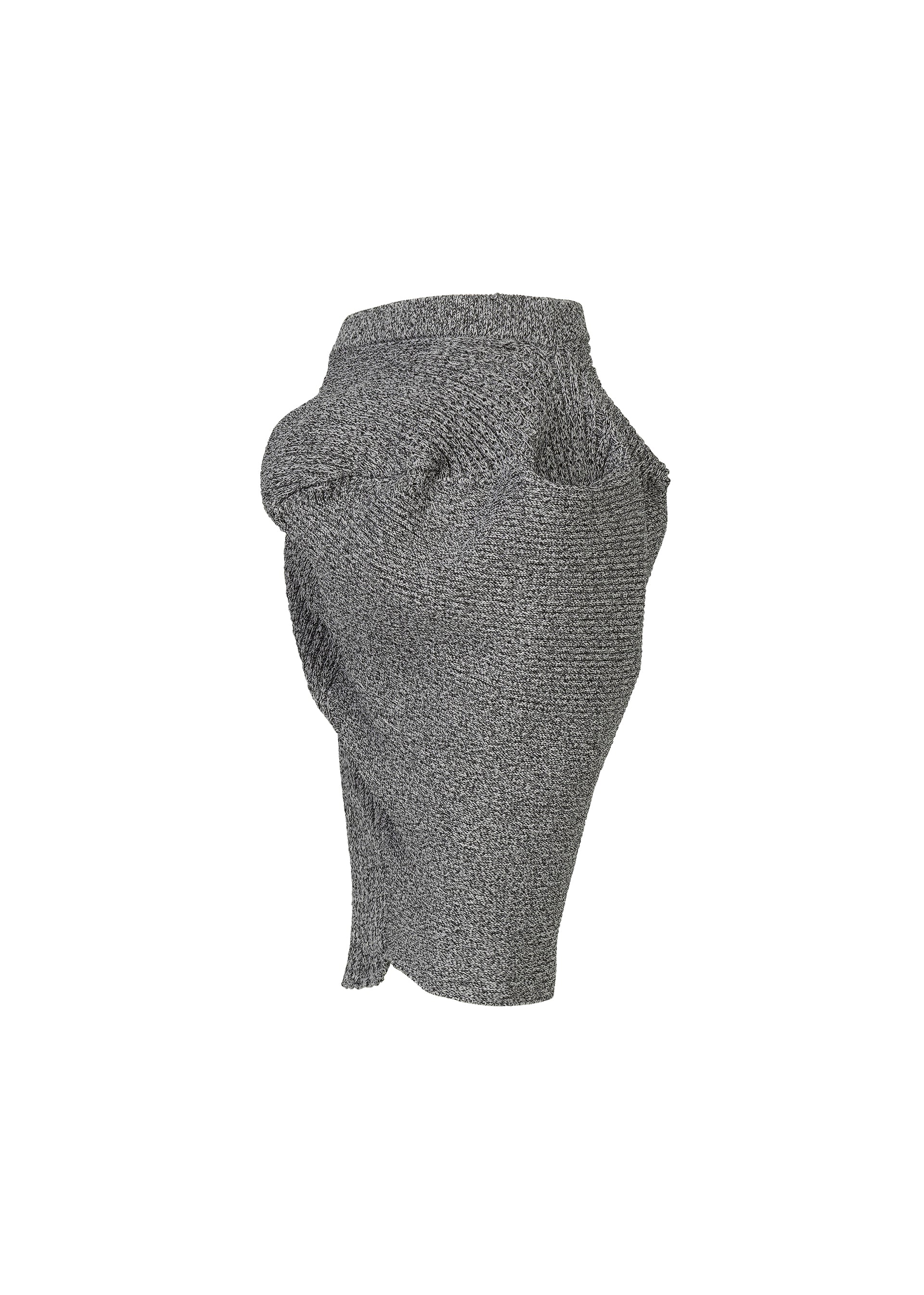Zoomed view The FOUND STONE by ISSEY MIYAKE is a textured, gray asymmetrical mini skirt featuring stone-inspired knit and gathered draped detailing, shown on a plain white background.