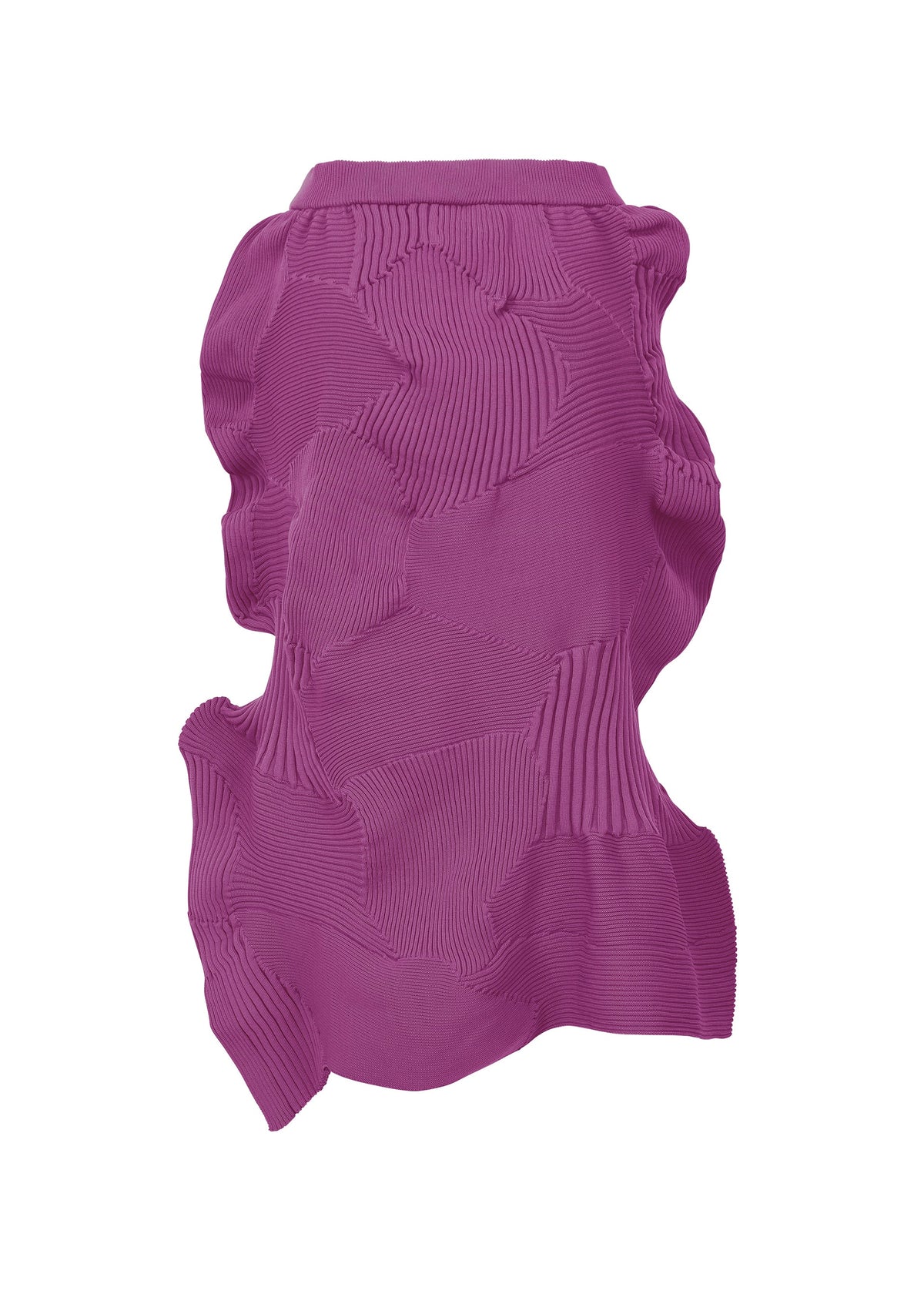 KONE KONE by ISSEY MIYAKE is a sculptural, abstract piece in bright magenta featuring an uneven texture with linear, ridged, and wavy patterns reminiscent of a knit skirt, set against a plain white background. view 2 of 6
