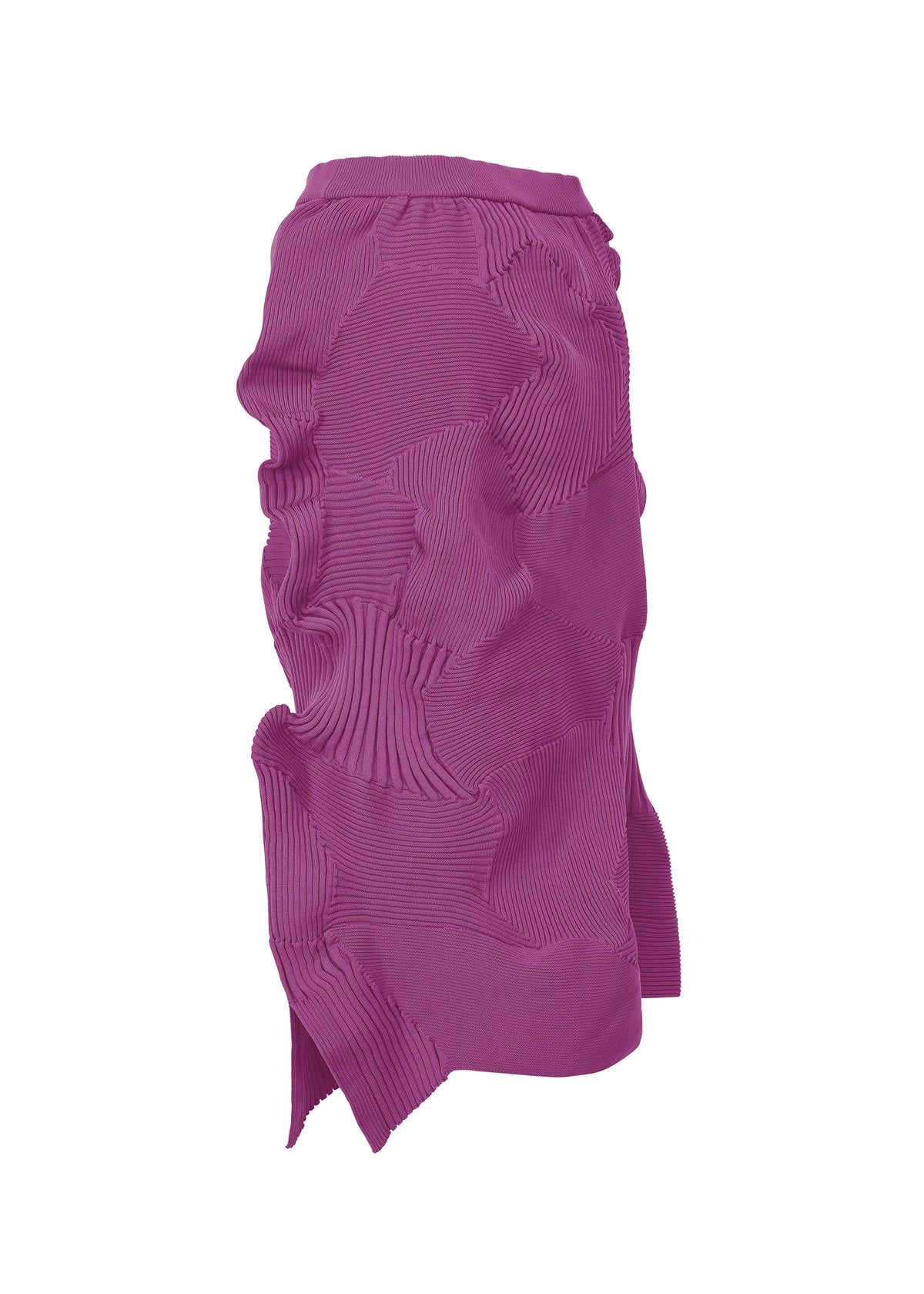 The KONE KONE skirt by ISSEY MIYAKE features a magenta knit with sculptural, wavy ribbed textures throughout. Its irregular hem and structured fabric with raised sections create a distinctive and uneven, architectural look. view 3 of 6