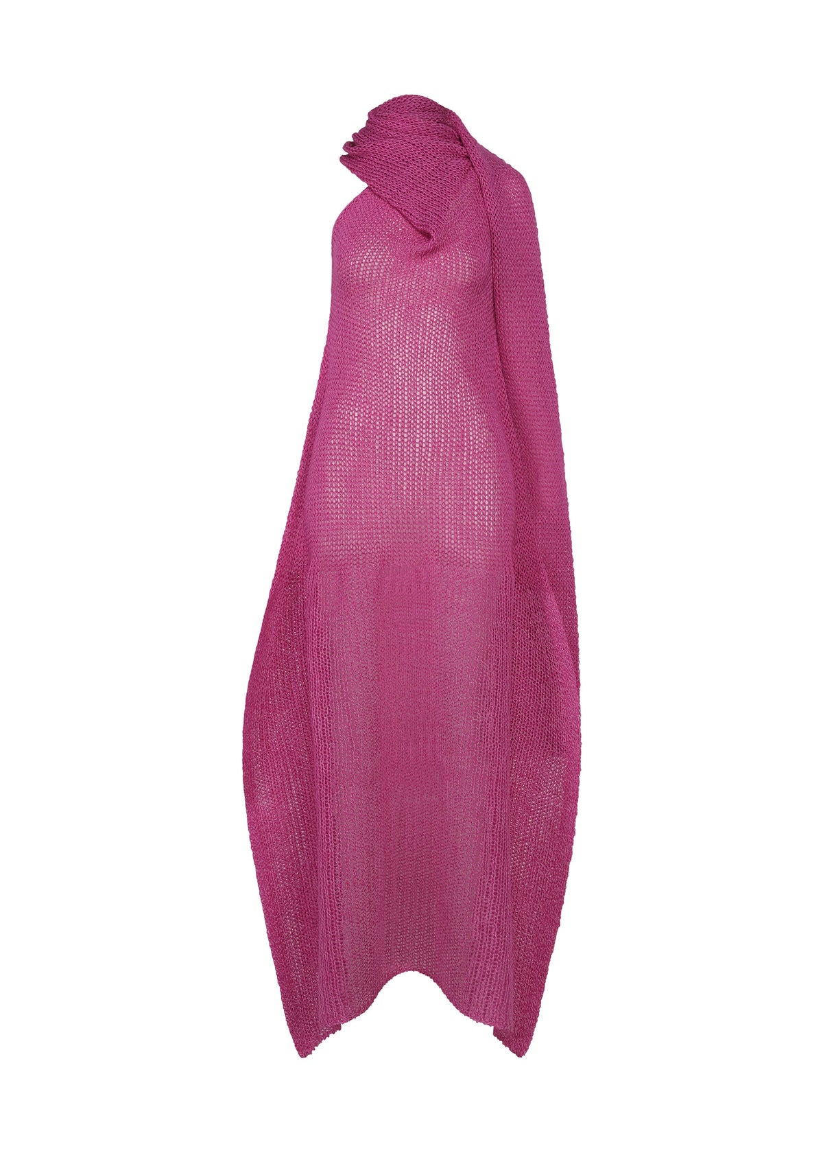 A mannequin wears the PANINI PULLED by ISSEY MIYAKE, a magenta wool-alpaca and thermoplastic knit dress that fully covers the body and head, shown against a plain white background. view 2 of 5