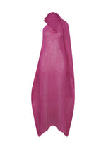 A mannequin wears the PANINI PULLED by ISSEY MIYAKE, a magenta wool-alpaca and thermoplastic knit dress that fully covers the body and head, shown against a plain white background. - PINK （no.22）