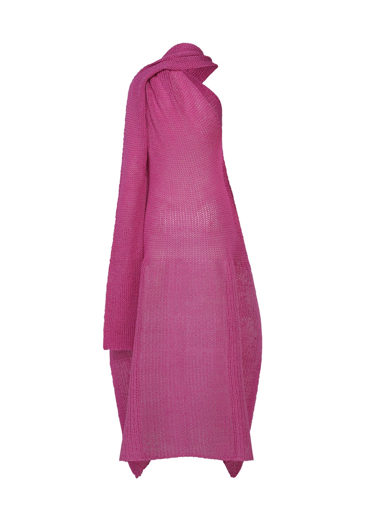 The PANINI PULLED by ISSEY MIYAKE is a sleeveless magenta knit dress with an asymmetrical hem and a long scarf draped over one shoulder, shown against a plain white background. view 4 of 5