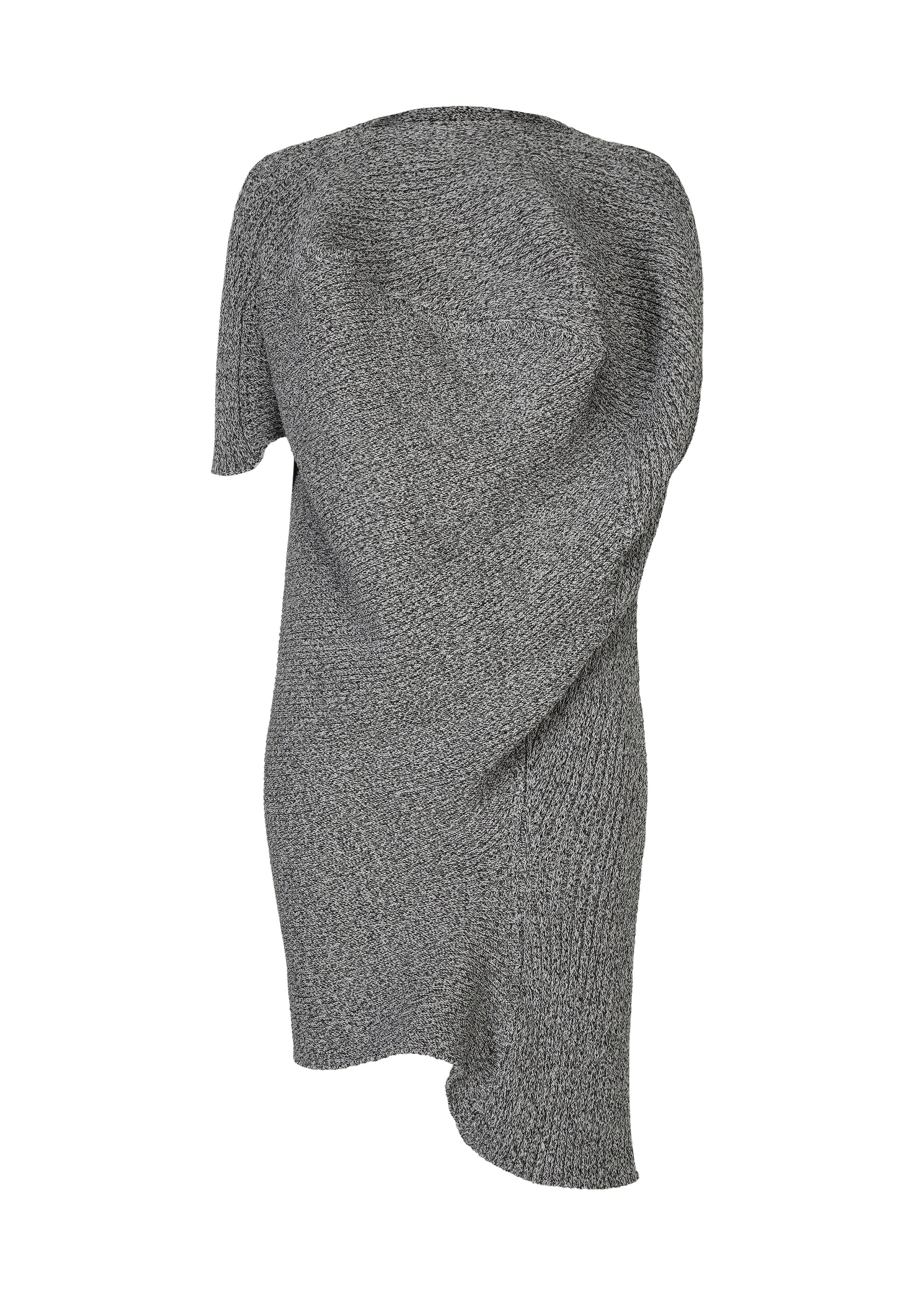 Zoomed view The FOUND STONE mini dress by ISSEY MIYAKE features a gray, stone-inspired textured knit, an asymmetrical off-the-shoulder neckline, and an uneven hem, shown against a plain white background. - GRAY （no.12）