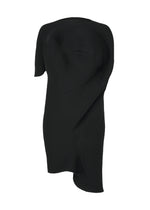The FOUND STONE by ISSEY MIYAKE is a black, asymmetrical ribbed knit mini dress with an off-the-shoulder, draped and layered design, shown against a plain white background. - BLACK （no.15）