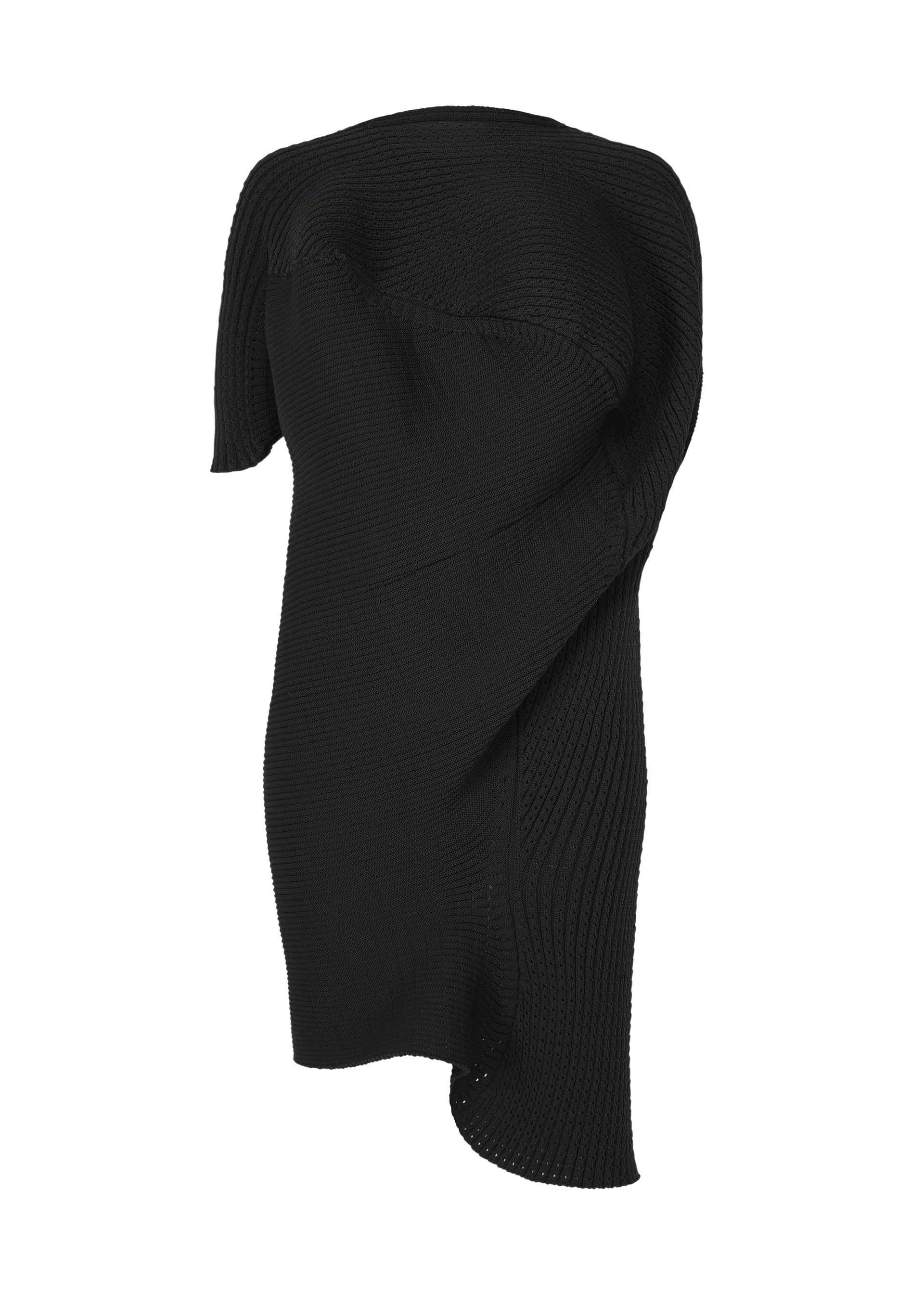 Zoomed view The FOUND STONE by ISSEY MIYAKE is a black, asymmetrical ribbed knit mini dress with an off-the-shoulder, draped and layered design, shown against a plain white background. - BLACK （no.15）