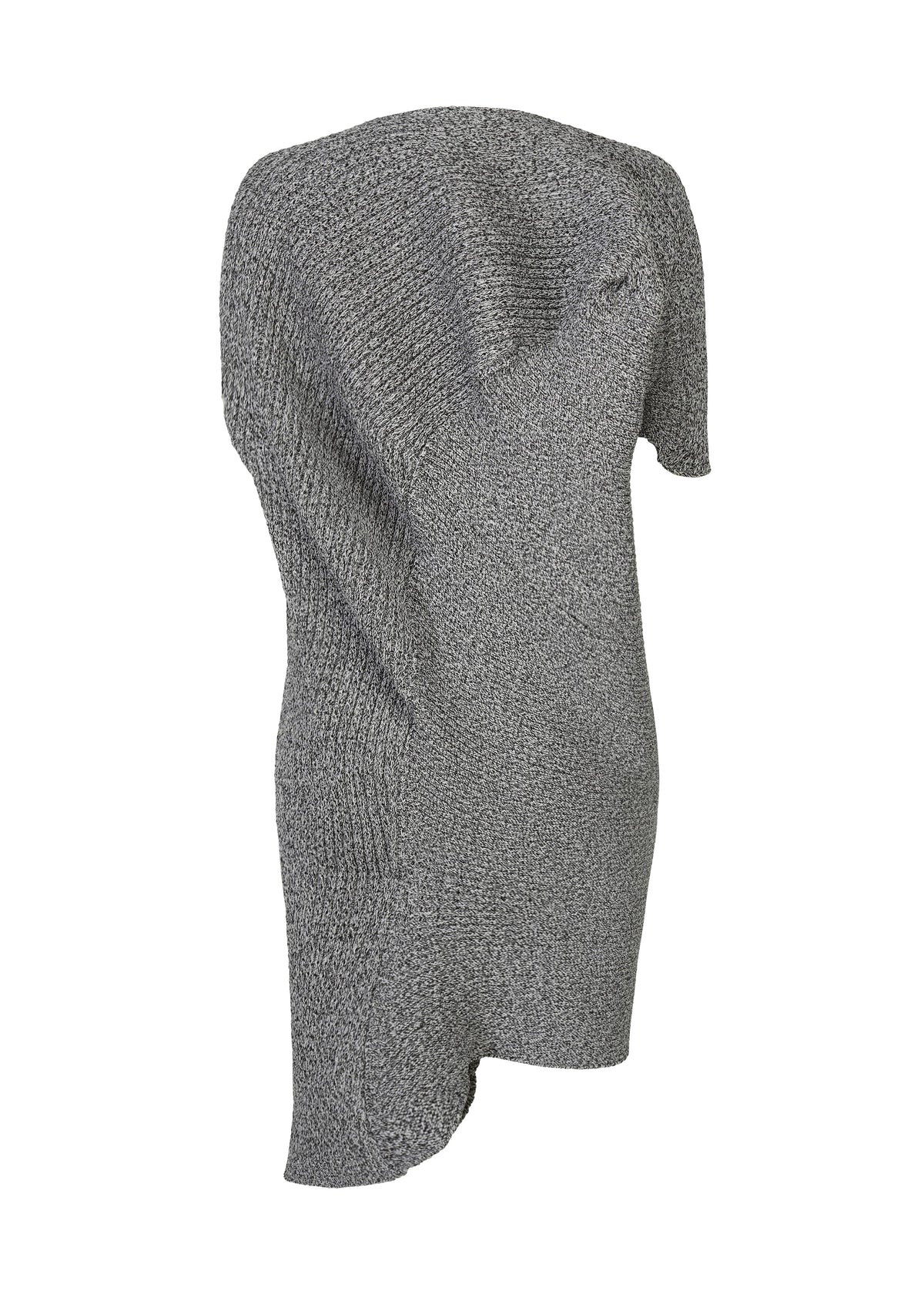 ISSEY MIYAKE’s FOUND STONE is a textured gray knit mini dress with an asymmetrical design, one sleeve, and an uneven hemline, displayed on a white background for a modern, stone-inspired look. view 4 of 6