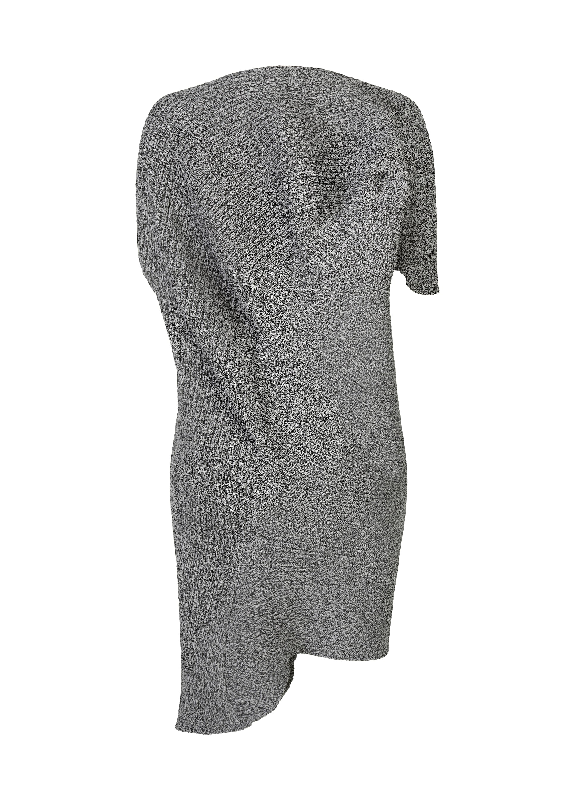 Zoomed view ISSEY MIYAKE’s FOUND STONE is a textured gray knit mini dress with an asymmetrical design, one sleeve, and an uneven hemline, displayed on a white background for a modern, stone-inspired look.