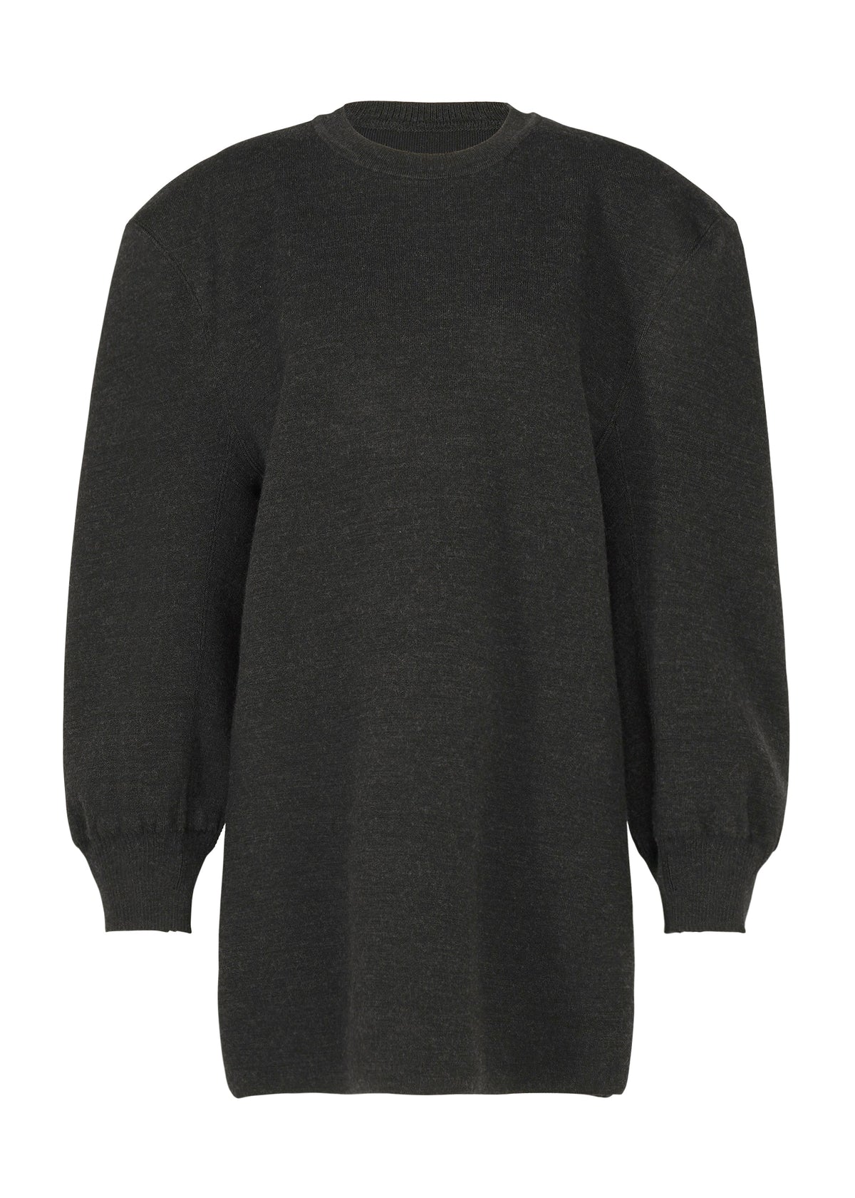The HANDSOME KNIT by ISSEY MIYAKE is a long-sleeved, dark gray double-knit crew neck sweater with ribbed cuffs and slightly puffed sleeves, shown on a plain white background. view 2 of 6