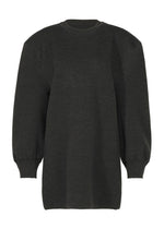 The HANDSOME KNIT by ISSEY MIYAKE is a long-sleeved, dark gray double-knit crew neck sweater with ribbed cuffs and slightly puffed sleeves, shown on a plain white background. - BLACK （no.15）
