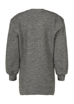 A back view of the ISSEY MIYAKE HANDSOME KNIT, a long-sleeved gray sweater with double-knit construction, ribbed cuffs, and a straight hem, displayed against a white background.