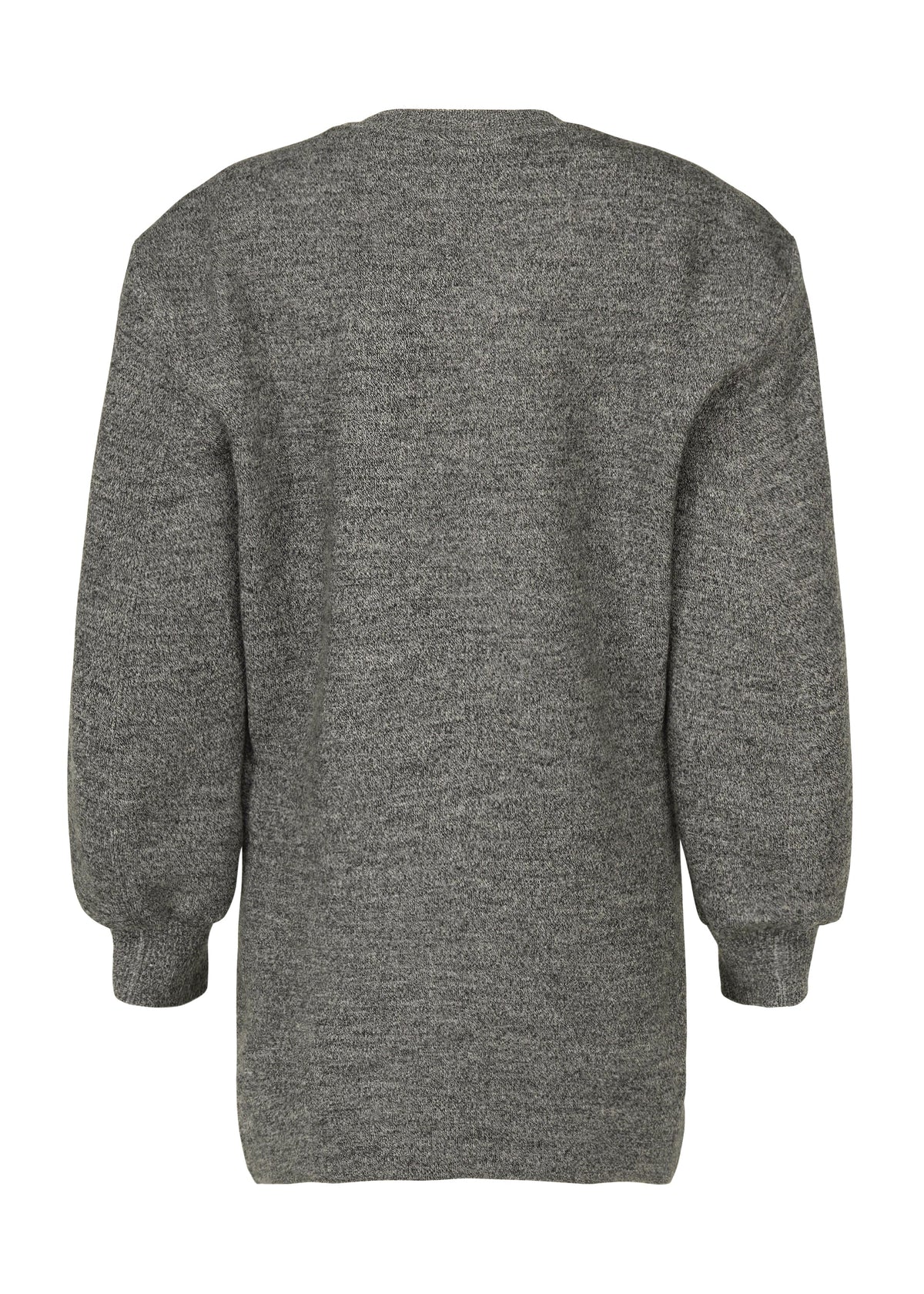 Zoomed view A back view of the ISSEY MIYAKE HANDSOME KNIT, a long-sleeved gray sweater with double-knit construction, ribbed cuffs, and a straight hem, displayed against a white background.