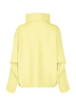 Back view of the CAMPAGNE top by ISSEY MIYAKE, a loose-fitting, long-sleeved cowl-neck design in pale yellow with a high collar, crafted from a soft polyurethane-blend fabric and displayed on a plain white background.