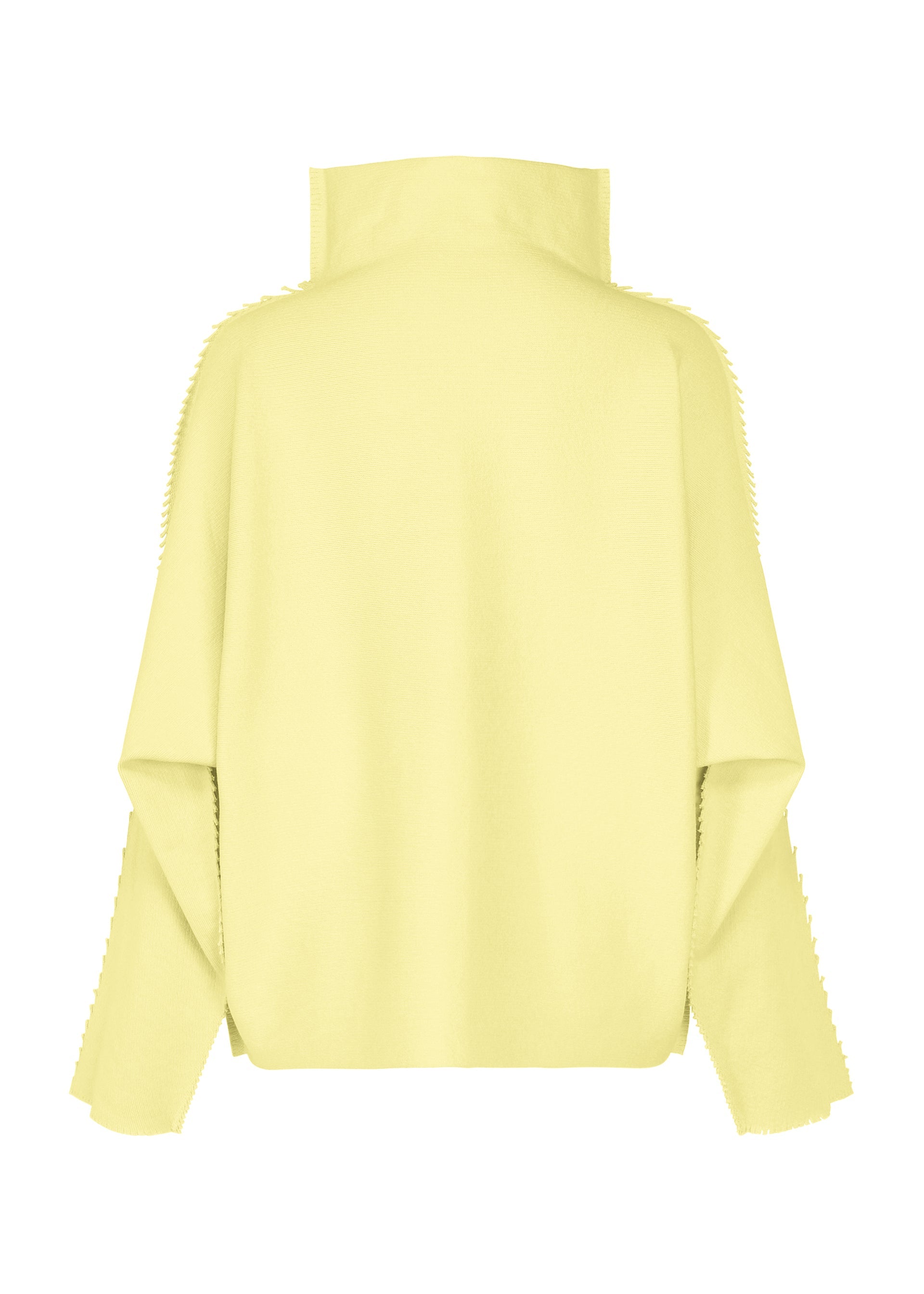 Zoomed view Back view of the CAMPAGNE top by ISSEY MIYAKE, a loose-fitting, long-sleeved cowl-neck design in pale yellow with a high collar, crafted from a soft polyurethane-blend fabric and displayed on a plain white background.