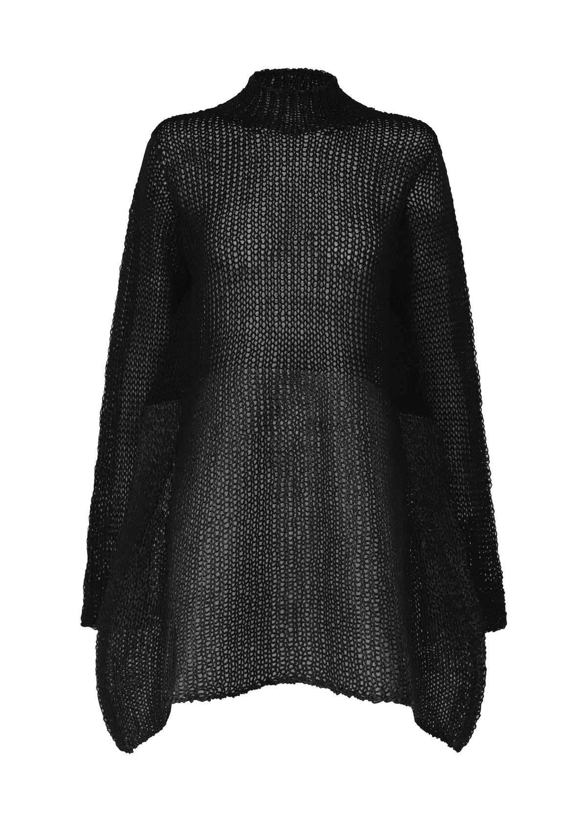 The PANINI PULLED by ISSEY MIYAKE is a black long-sleeve knit top in a wool-alpaca blend, featuring a high neckline and uneven hem, shown against a white background. view 1 of 7