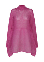 The PANINI PULLED by ISSEY MIYAKE is a bright pink, long-sleeved sheer sweater with a high neckline, asymmetrical hem, and flat-pressed knit for a modern look. - PINK （no.22）