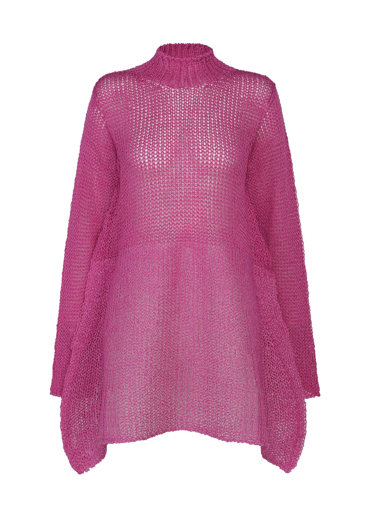 Zoomed view The PANINI PULLED by ISSEY MIYAKE is a bright pink, long-sleeved sheer sweater with a high neckline, asymmetrical hem, and flat-pressed knit for a modern look. - PINK （no.22）