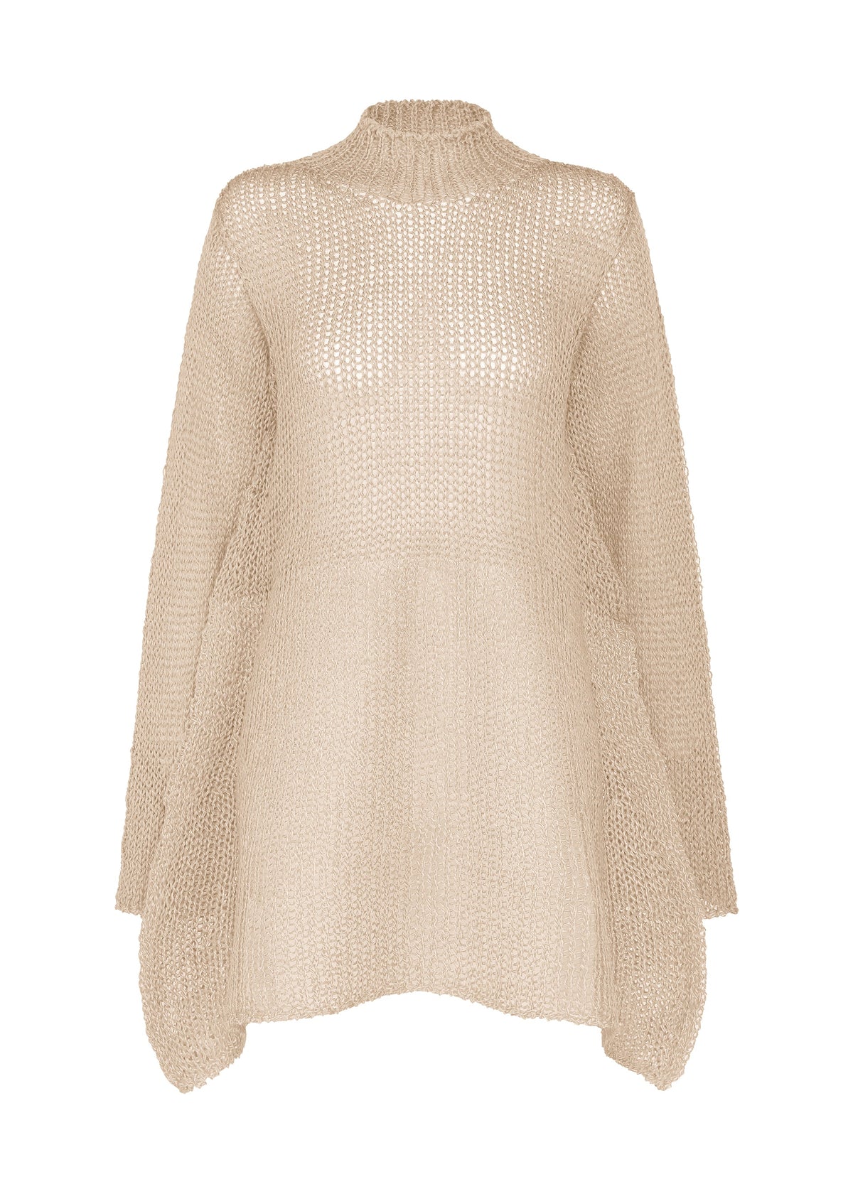 Zoomed view PANINI PULLED by ISSEY MIYAKE: Beige, long-sleeved wool-alpaca knit top with a high neckline, loose texture, and oversized flared silhouette. No buttons or patterns. - LIGHT BEIGE （no.40）