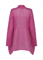 The PANINI PULLED by ISSEY MIYAKE is a bright pink, long-sleeved wool-alpaca blend sweater with a relaxed fit, ribbed neckline, and wide hem, shown from the back.