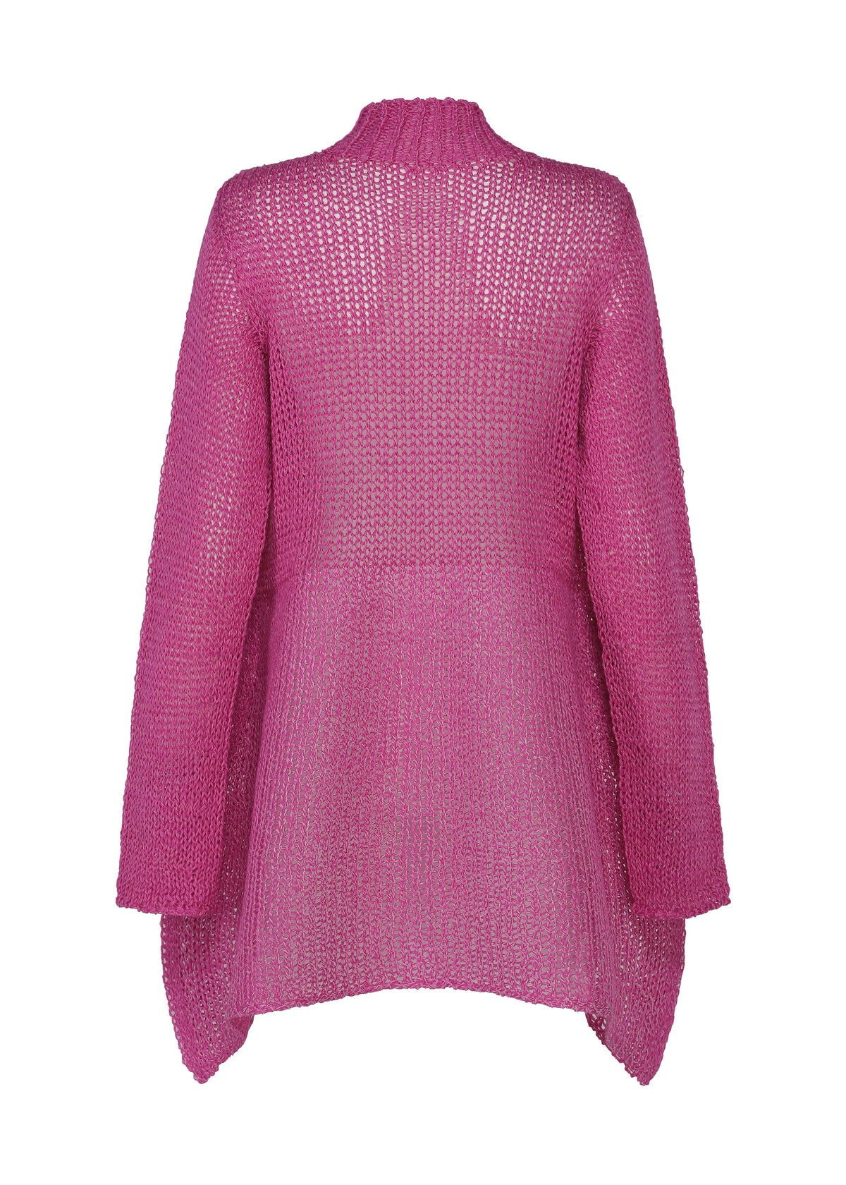 Zoomed view The PANINI PULLED by ISSEY MIYAKE is a bright pink, long-sleeved wool-alpaca blend sweater with a relaxed fit, ribbed neckline, and wide hem, shown from the back.