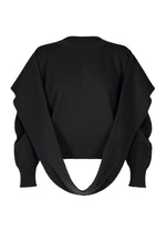 The ISSEY MIYAKE O KNIT is a black round-neck top with exaggerated wing-like sleeves and a distinctive draped design creating a large oval opening at the front bottom. - BLACK （no.15）