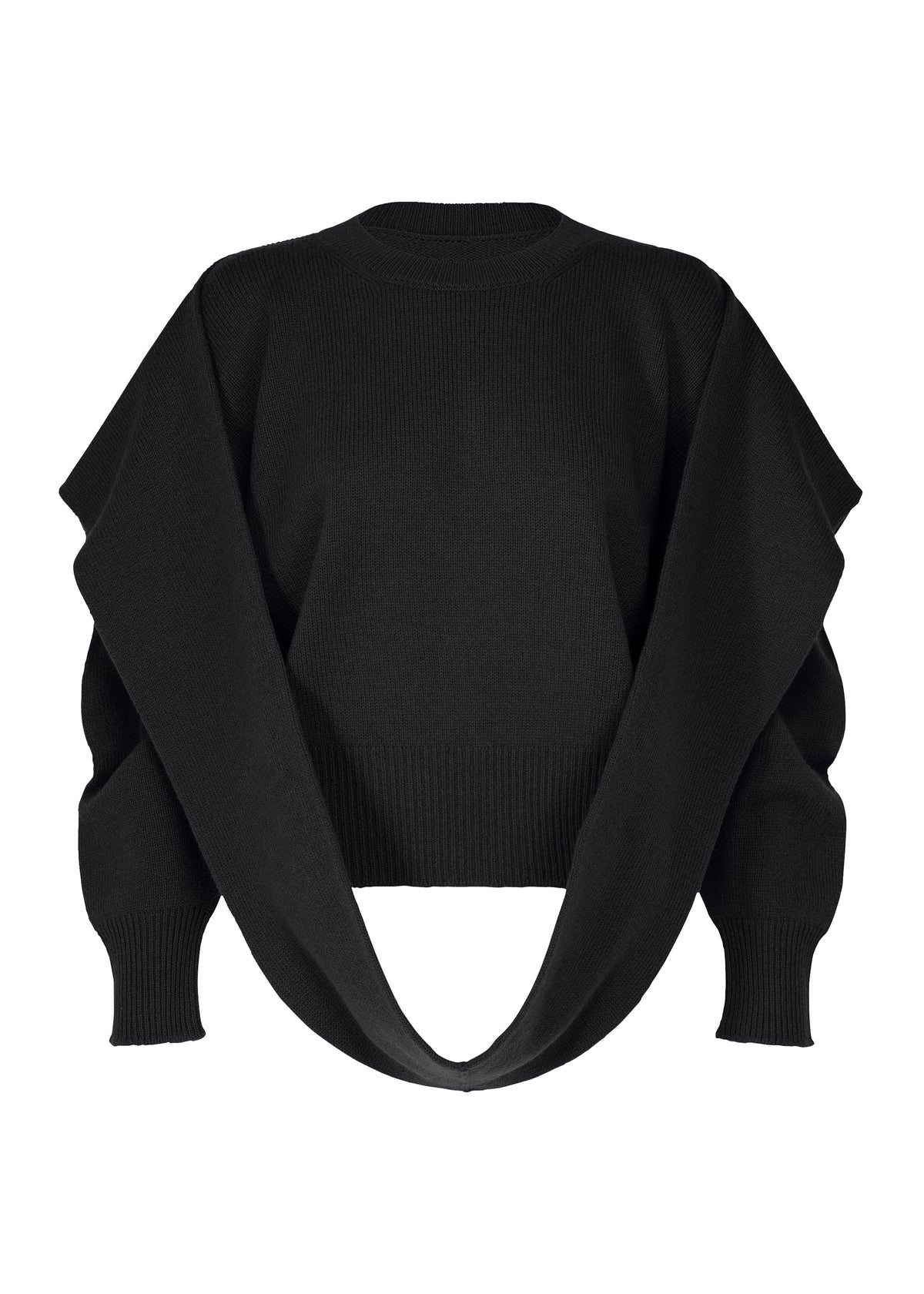 Zoomed view The ISSEY MIYAKE O KNIT is a black round-neck top with exaggerated wing-like sleeves and a distinctive draped design creating a large oval opening at the front bottom. - BLACK （no.15）