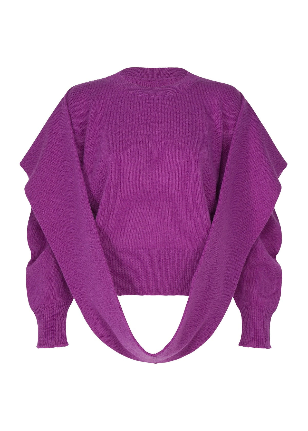Zoomed view The O KNIT by ISSEY MIYAKE is a bright purple, round-neck knit top with wide, wing-like panels from sleeves to sides, forming a draped front loop in 100% wool yarn. - PURPLE （no.81）