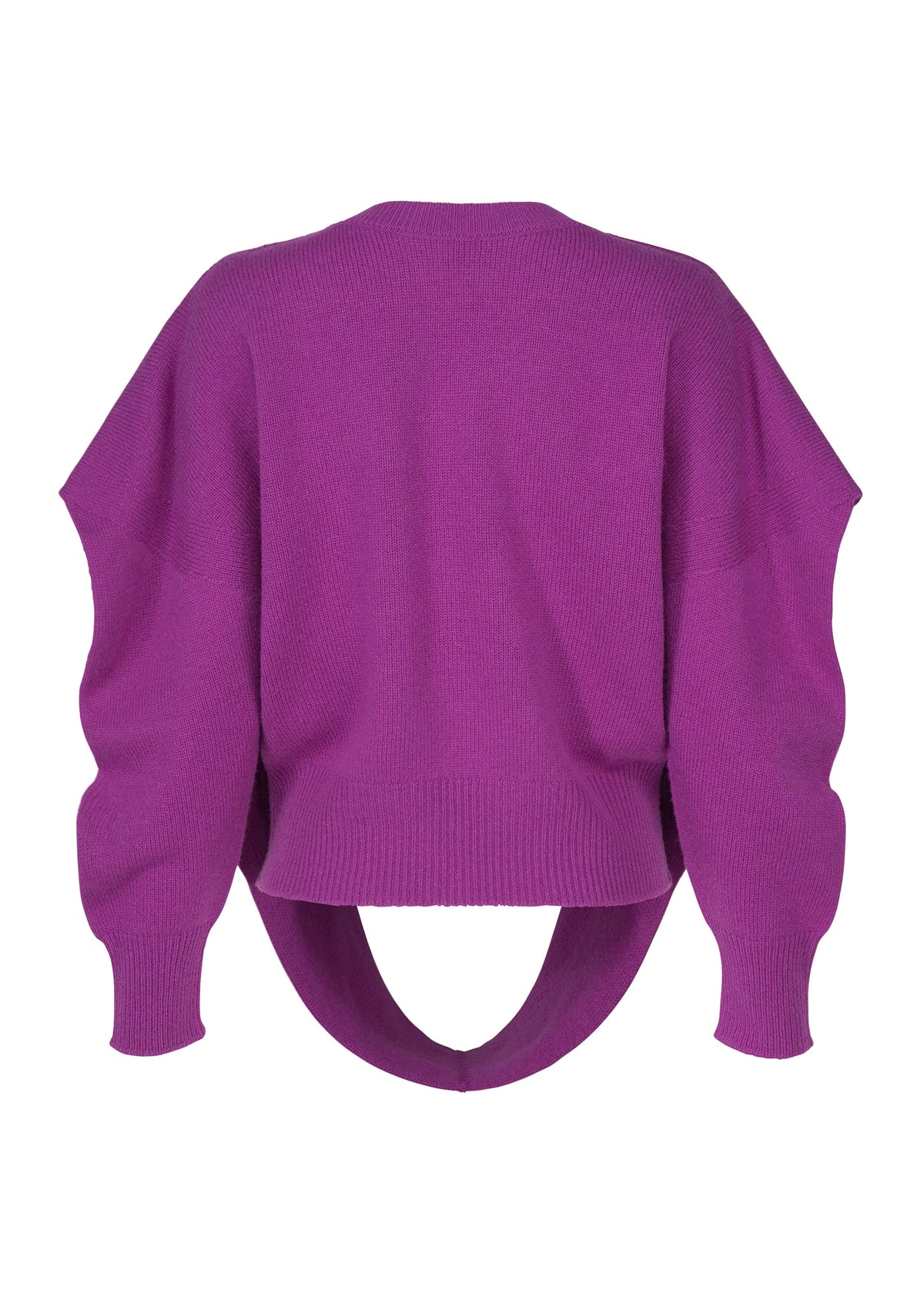 The O KNIT by ISSEY MIYAKE is a purple, round-neck 100% wool top with long sleeves and a distinctive curved cutout at the back hem. view 4 of 8