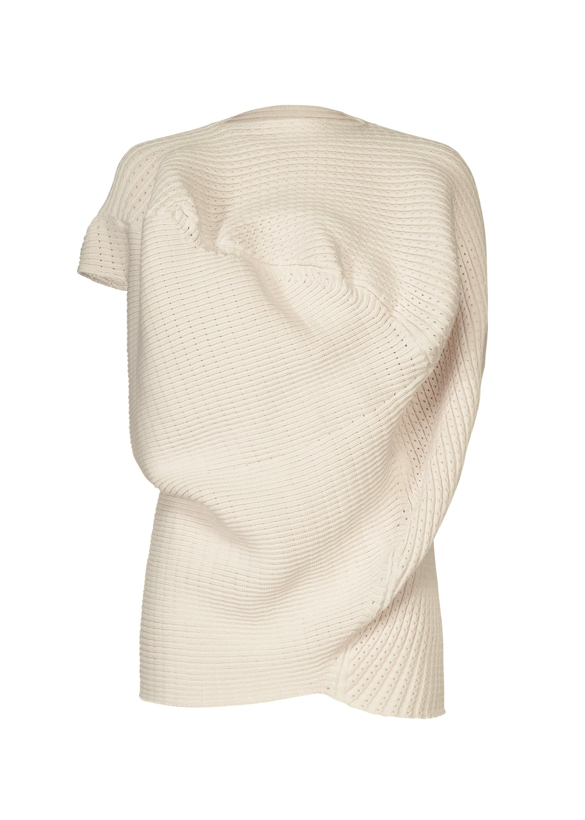 The FOUND STONE top by ISSEY MIYAKE is a cream-colored, textured knit with an asymmetrical, stone-inspired design. Displayed on a white background, its gathered fabric and sculptural folds create an unconventional silhouette. view 1 of 7