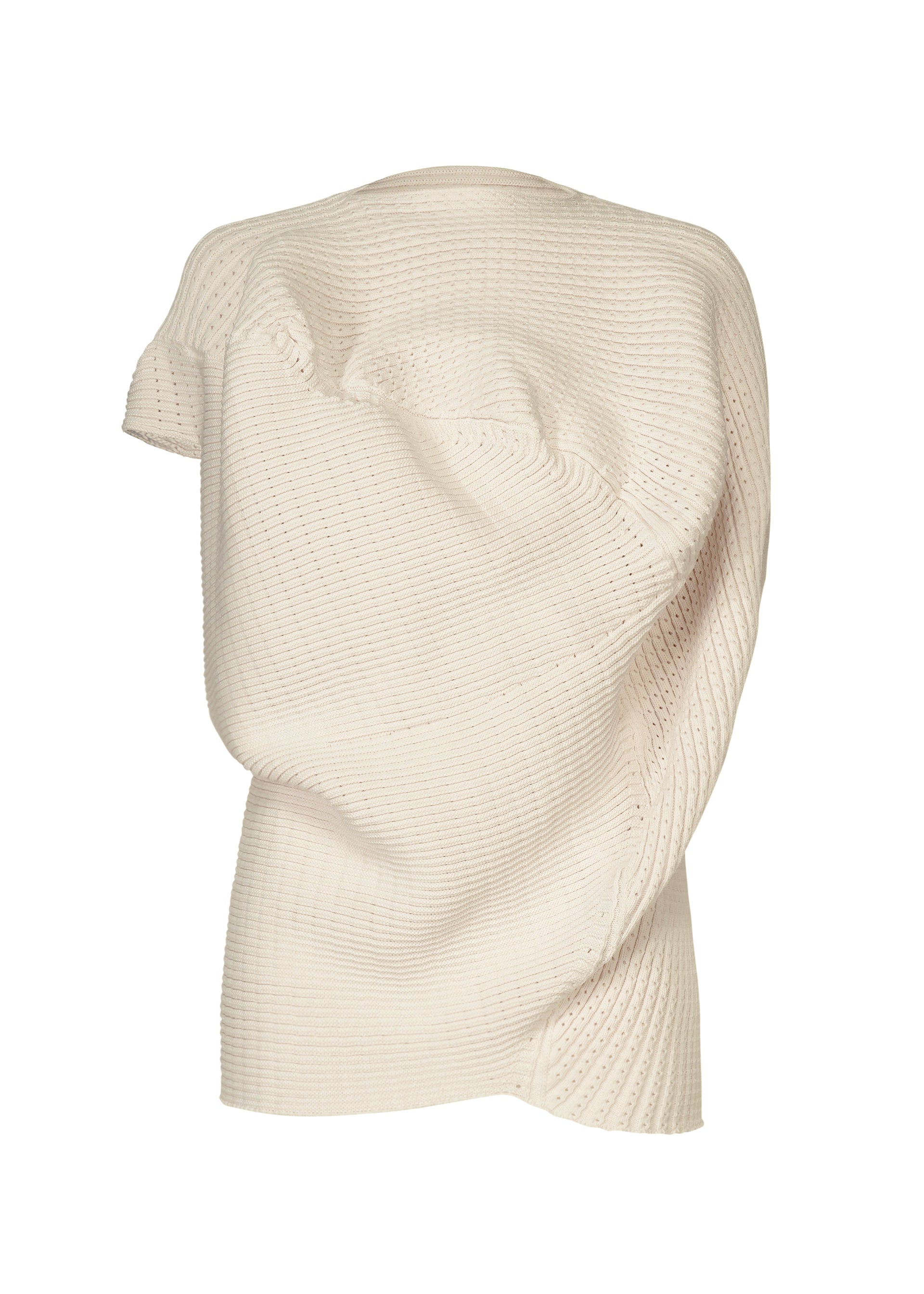 Zoomed view The FOUND STONE top by ISSEY MIYAKE is a cream-colored, textured knit with an asymmetrical, stone-inspired design. Displayed on a white background, its gathered fabric and sculptural folds create an unconventional silhouette. - OFF-WHITE （no.02）